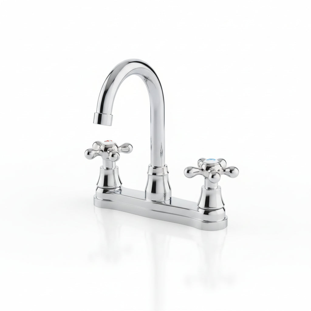 generate me a image of a regular kitchen two handle short
 faucet 